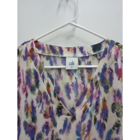 CAbi Womens Plume Blouse Top Medium Multi Feather Print Chiffon Cap Sleeve #527 - Picture 2 of 8
